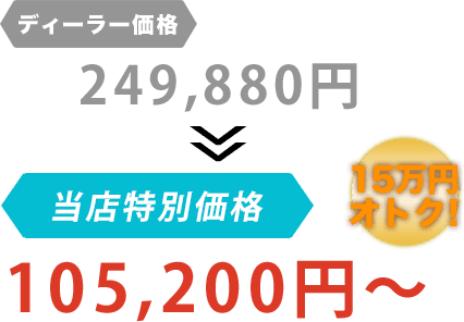 ディーラー価格249,880円が侑の車屋だと105,200円~。15万円もお得!